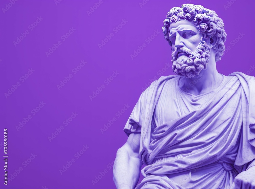 Marble statue of an ancient roman philosopher, purple tones, copy space