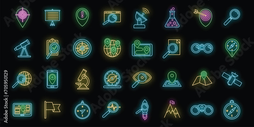 Research icons set. Outline set of research vector icons neon color on black