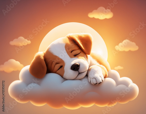 Happy puppy resting on a cloud, cherishing the calmness of the sunset and drowsing off in blissful comfort. Generative AI © Aleksei Solovev