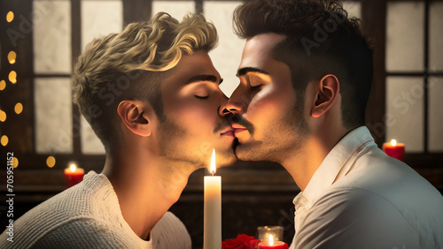 Pareja gay celebrando San Valentín