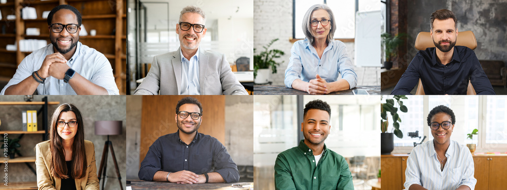 Collage of confident professionals in office settings, presenting a diverse group of individuals from various ethnicities engaging with the viewer through genuine smiles and approachable postures - obrazy, fototapety, plakaty 