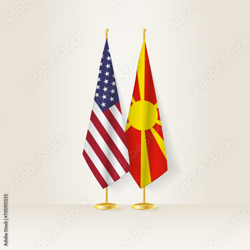 United States and North Macedonia national flag on a light background.