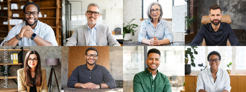 Collage of confident professionals in office settings, presenting a diverse group of individuals from various ethnicities engaging with the viewer through genuine smiles and approachable postures