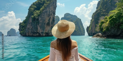A woman with sun straw hat on a boat outside an island resort in southern Thailand