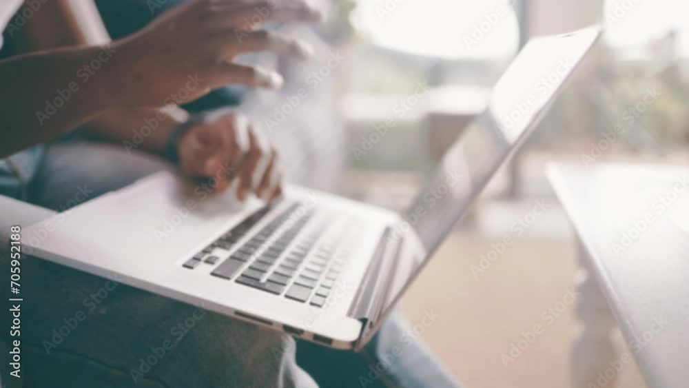 Man, laptop and hands typing email on sofa for communication, research or networking at home. Closeup of male person working on computer keyboard for writing, proposal or online search at house