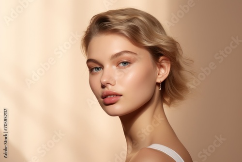 beauty model poses on beige background