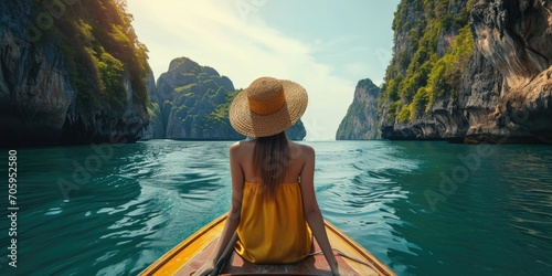 A woman with sun straw hat on a boat outside an island resort in southern Thailand photo