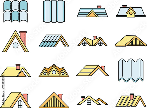 House roof icons set. Outline set of house roof vector icons thin line color flat on white