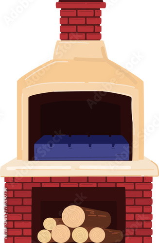 Traditional brick pizza oven with chimney and firewood. Authentic Italian pizzeria equipment. Cozy restaurant or home cooking vector illustration.