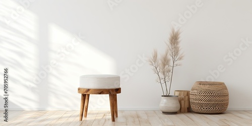 Minimal style design of boho, bohemian, and Scandinavian interior showcasing a white background with an isolated stool. photo