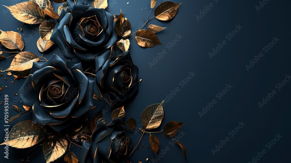 dark blue roses with gold leaves on solid dark background - valentine's day card design background element with copy space - generative ai - obrazy, fototapety, plakaty 