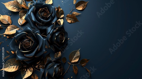 dark blue roses with gold leaves on solid dark background - valentine's day card design background element with copy space - generative ai