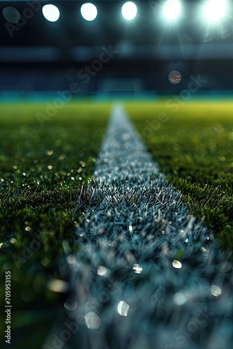 Glistening Stadium Turf - Close-Up of Soccer Field Lines at Dusk - Athletic Grounds with Evening Dew - Generative AI photo