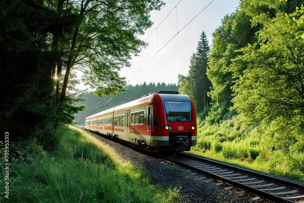 Naklejka premium Sustainable Train Travel - Eco-Friendly Public Transit - Journey Through Nature - Generative AI