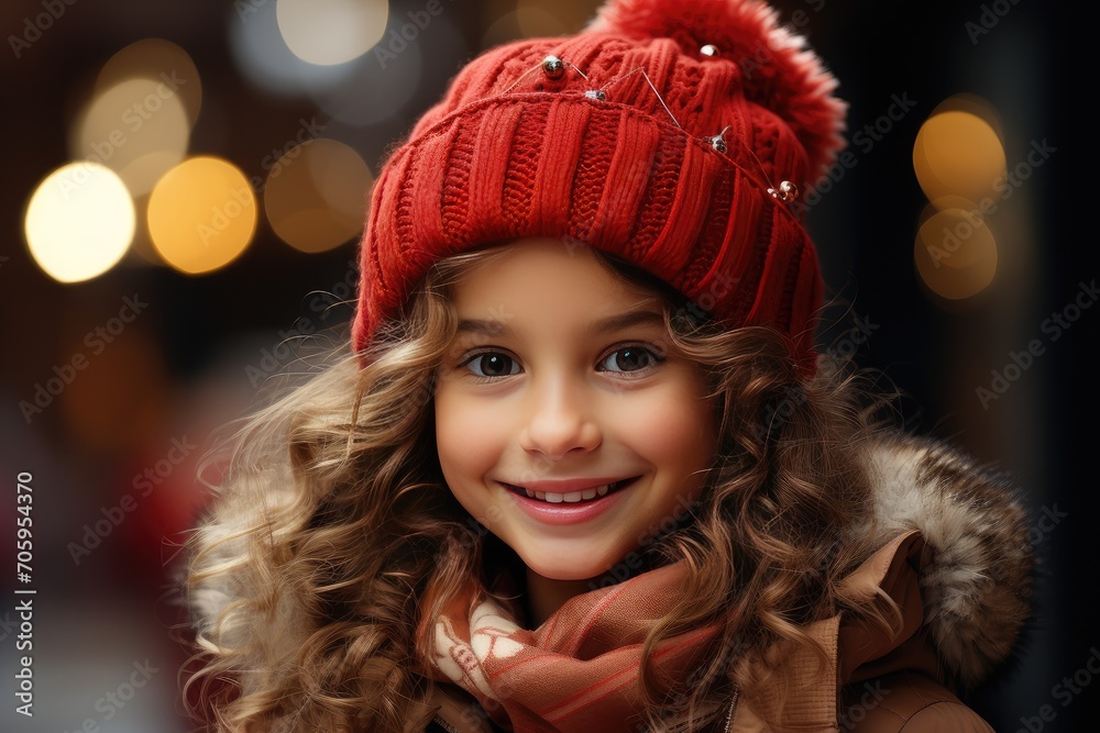 Winter portrait of a little girl with curly hair on a background of blurred lights Winter portrait of a little girl with curly hair on a background of blurred lights