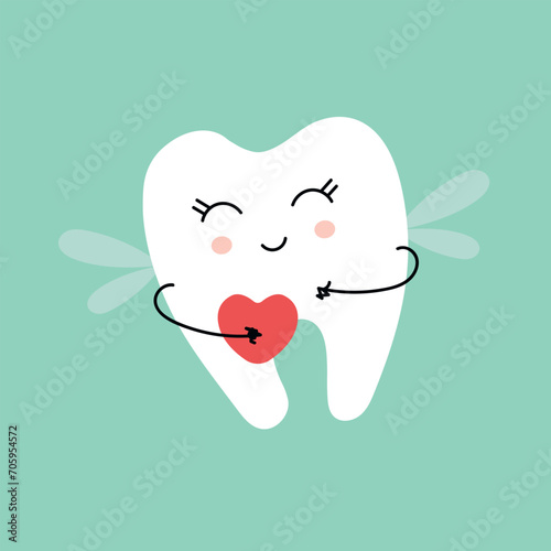 Cute tooth fairy with heart. Children tooth fairy. Baby girl first lost tooth concept. Concept of medical cabinet, children dentistry. white tooth icon on a blue background