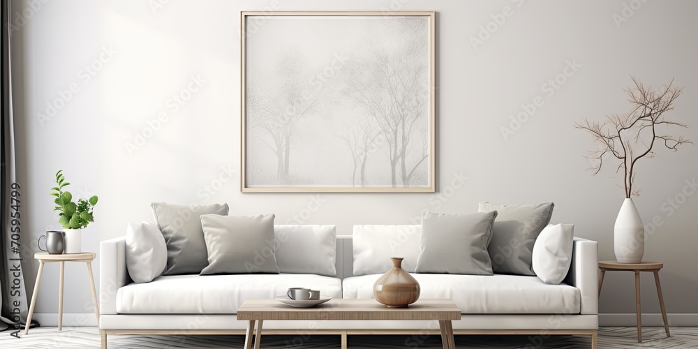 Contemporary living room design with poster frame, sofa, table, decor, pillow, and accessories. - obrazy, fototapety, plakaty 