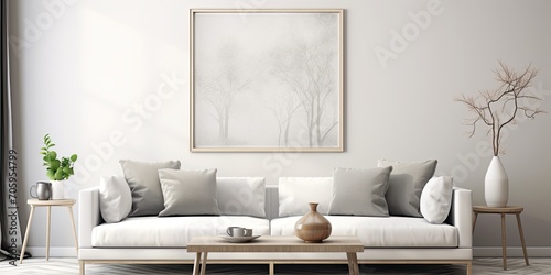 Contemporary living room design with poster frame, sofa, table, decor, pillow, and accessories. © Vusal