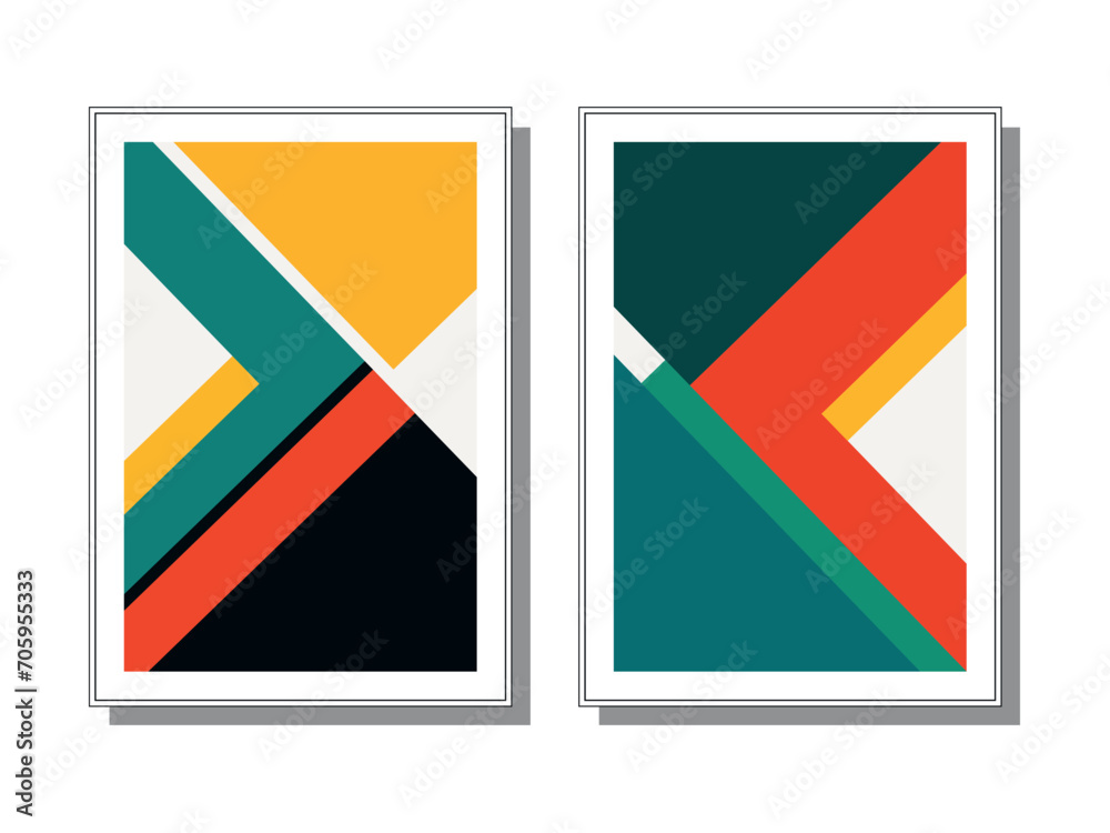 Abstract art print poster set. Geometric colored contemporary wall decor. Vector illustration.