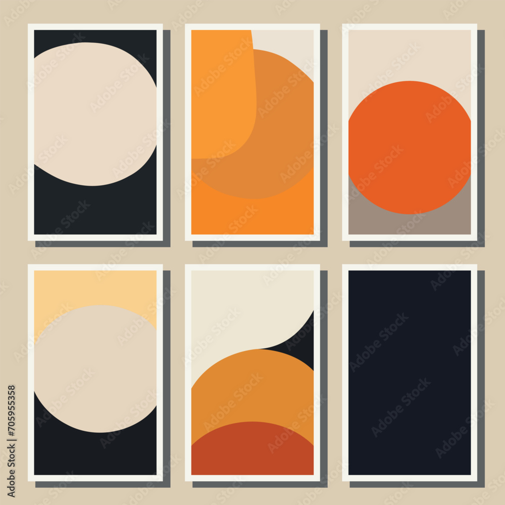 Abstract art print poster set. Geometric colored contemporary wall decor. Rectangular and round  shapes. Vector illustration.