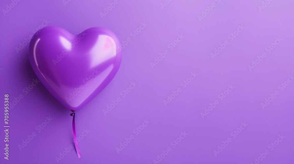 illustration of a purple heart shaped party balloon against purple background with copy space
