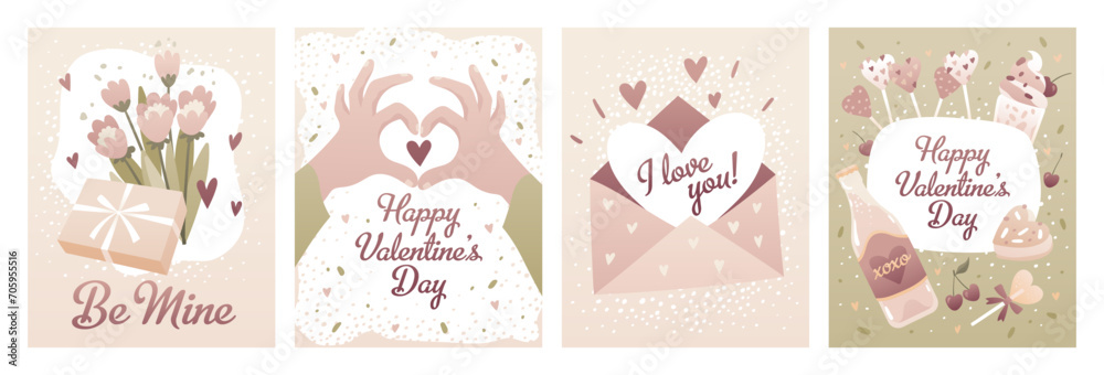 Valentine's Day card design set. Romantic love elements. Concept for postcard, poster. Tender vector illustrations of hearts, hands, flowers, sweets. Valentine's Day card design set. Romantic love elements. Concept for postcard, poster. Tender vector illustrations of hearts, hands, flowers, sweets.