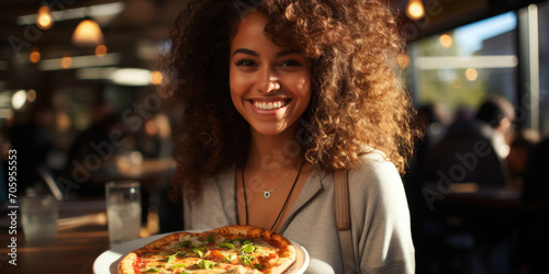 Beautiful young woman indulging in a tasty and healthy Italian meal at a modern restaurant.