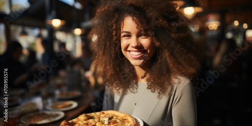 A young woman savoring a delicious pizza in a trendy restaurant  enjoying a moment of happiness and satisfaction in a modern setting.