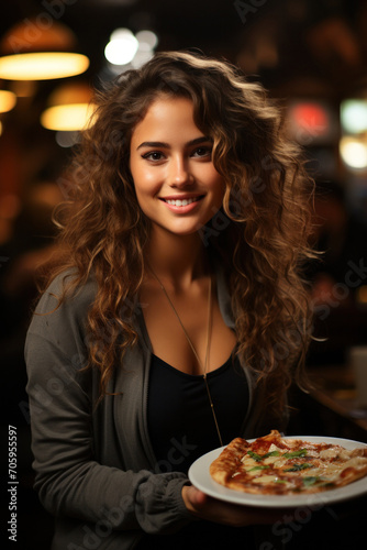 A happy and attractive young woman enjoying pizza  radiating joy and casual elegance.