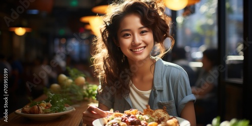 Youthful Asian woman relishing a healthy meal on the street  radiating beauty and a happy lifestyle.