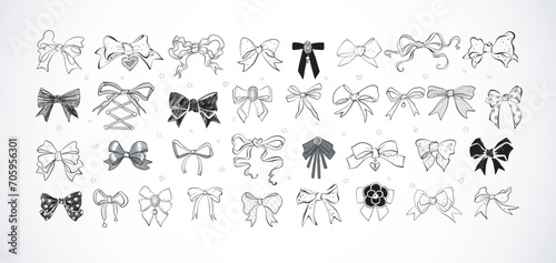 Collection of doodle ribbon bow ties with various patterns on white background. Girl style doodle illustration.