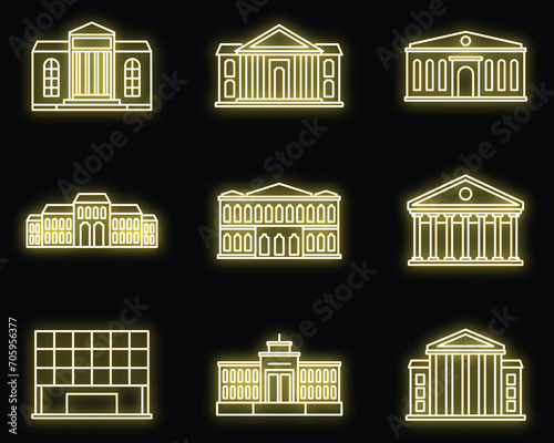 Entertainment theater museum icons set. Outline set of entertainment theater museum vector icons neon color on black