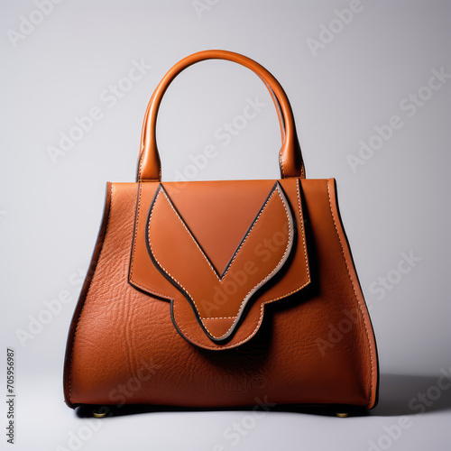 Stylish leather bag for ladies on a gray background. Concept of fashion, accessory, leather, elegance, shopping handbag 