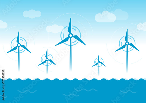 wind turbines in the blue sky. water tribune symbols over the sea. wind energy concept