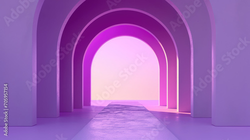 Arched purple corridor glowing with soft neon light at the end.