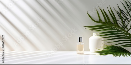 Minimal white counter with soft sunlight  palm shadow  for luxury organic cosmetic background.