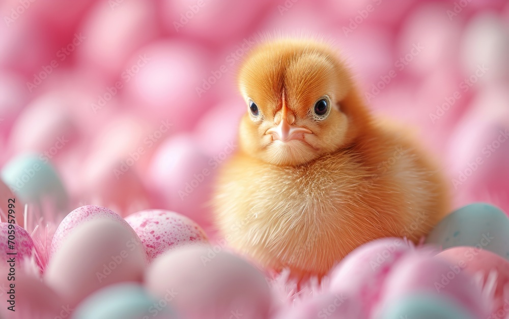 Easter banner with happy baby chicken and eggs on pastel color background Easter banner with happy baby chicken and eggs on pastel color background