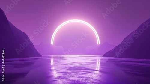 Abstract neon-lit arch in an open alien world. 