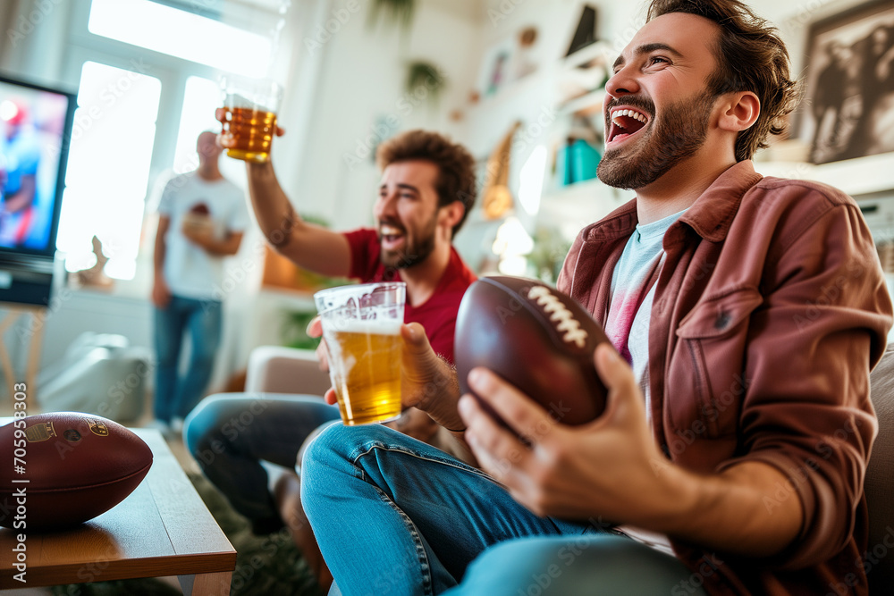 Two men are enjoying a football game on TV, one cheering and a beer while the other holds a football, with another person in the background.