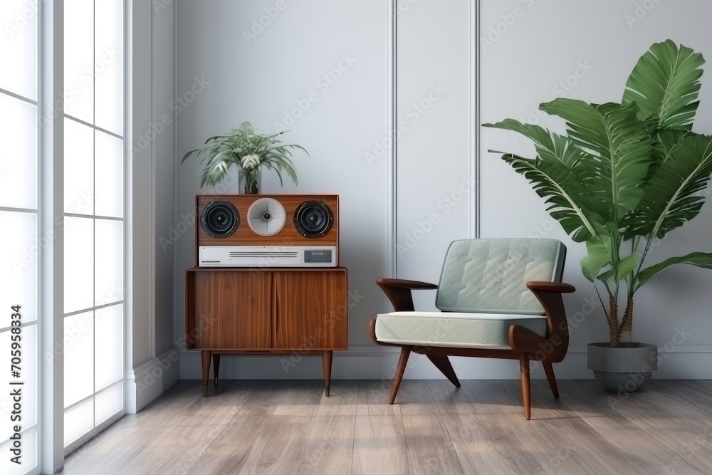 Fototapeta premium Retro mid century cushion armchair vinyl record player