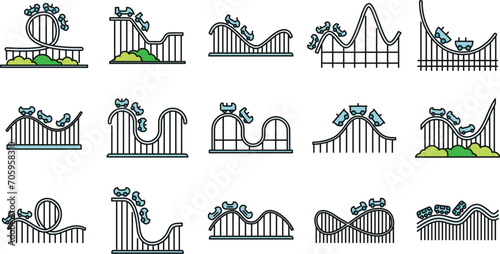 Roller coaster amusement icons set. Outline set of roller coaster amusement vector icons thin line color flat on white