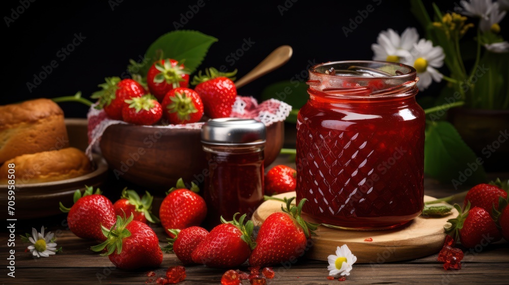 A jar with delicious strawberry jam A jar with delicious strawberry jam