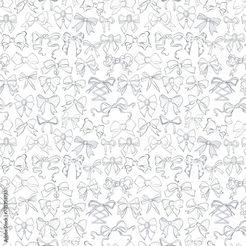 Monochromatic seamless pattern featuring hand-drawn doodle bow ties in various styles and shapes on a white background. Suitable for stylish and elegant textile or paper designs