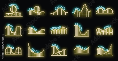 Roller coaster amusement icons set. Outline set of roller coaster amusement vector icons neon color on black
