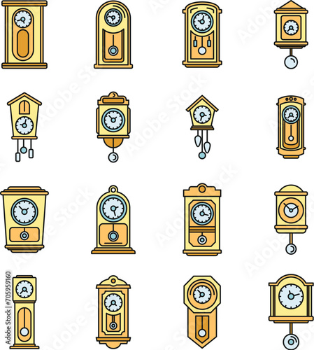 House pendulum clock icons set. Outline set of house pendulum clock vector icons thin line color flat on white