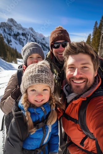 Smiling family father and kids in sunny snowy mountains actively hiking leading active healthy lifestyle in the open air
