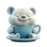 oso de peluche de dibujos animados sentado en un plato sosteniendo una taza de cerámica en tono turquesa entre sus garras, sobre transparente png