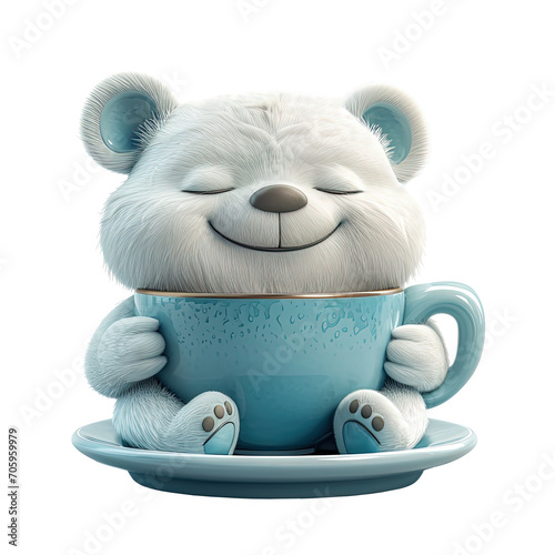 oso de peluche de dibujos animados sentado en un plato sosteniendo una taza de cerámica en tono turquesa entre sus garras, sobre transparente png photo
