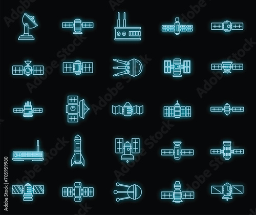 Radio satellite icons set. Outline set of radio satellite vector icons neon color on black