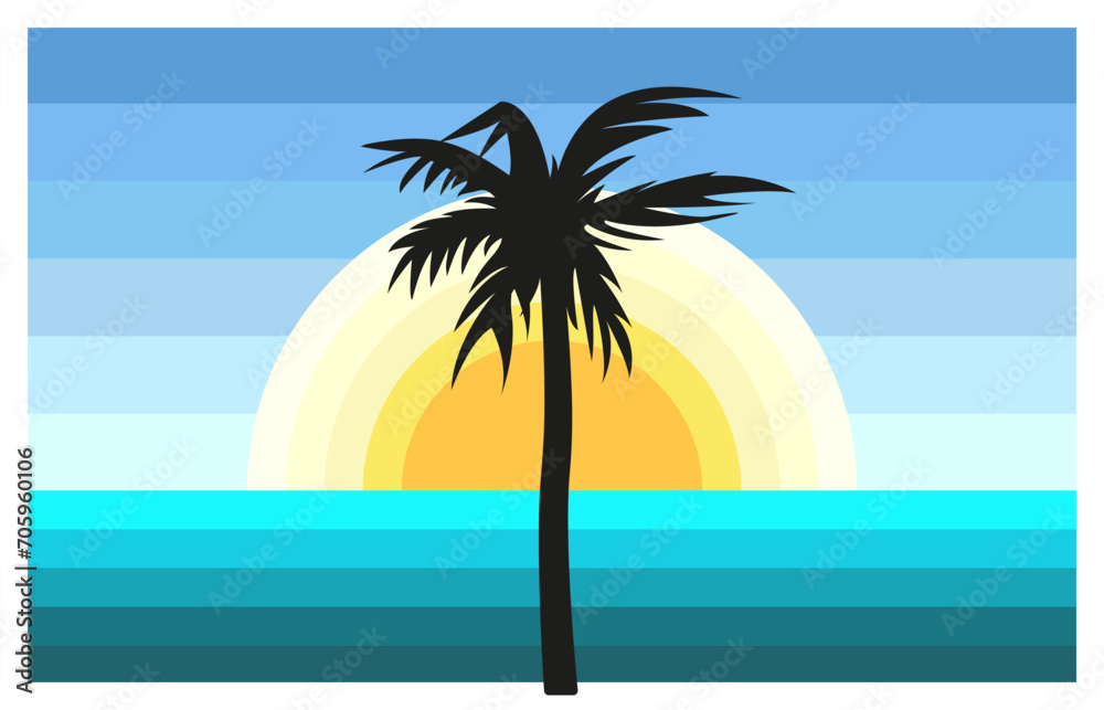 Landscape of the Ocean and the Sun with Palm Tree. Vaporwave. Black silhouette of a tropical tree. Color levels. Sunrise or sunset on the beach. Palm leaves. Game drawing. Nature. Vector illustration